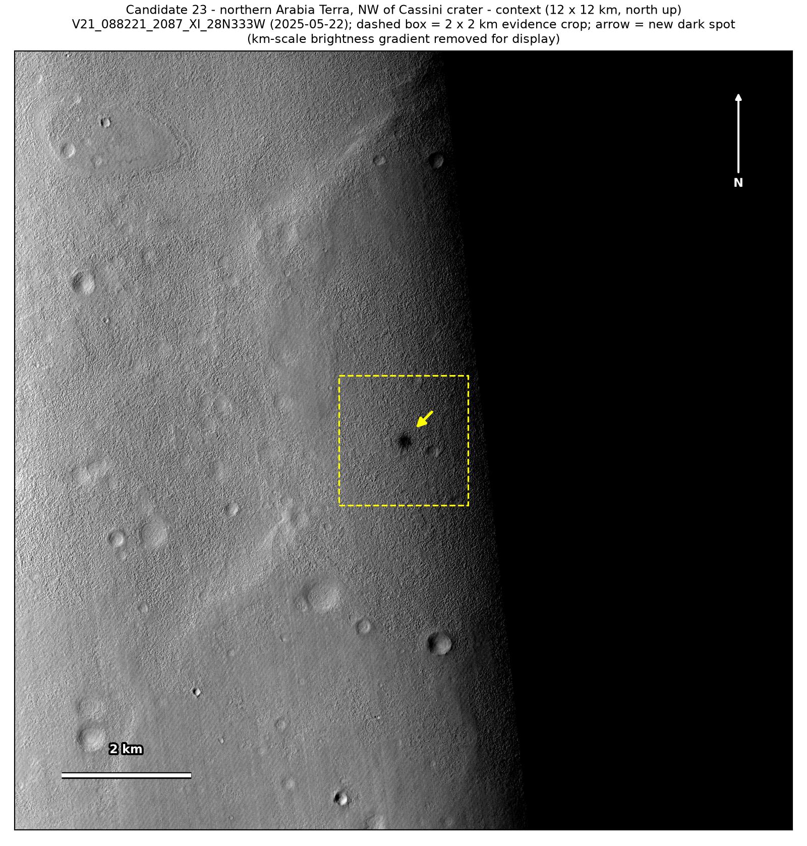 A 12 by 12 km CTX view from May 2025 of the ground north-west of Cassini crater, with a dashed box around the 2 by 2 km patch and an arrow at the spot.