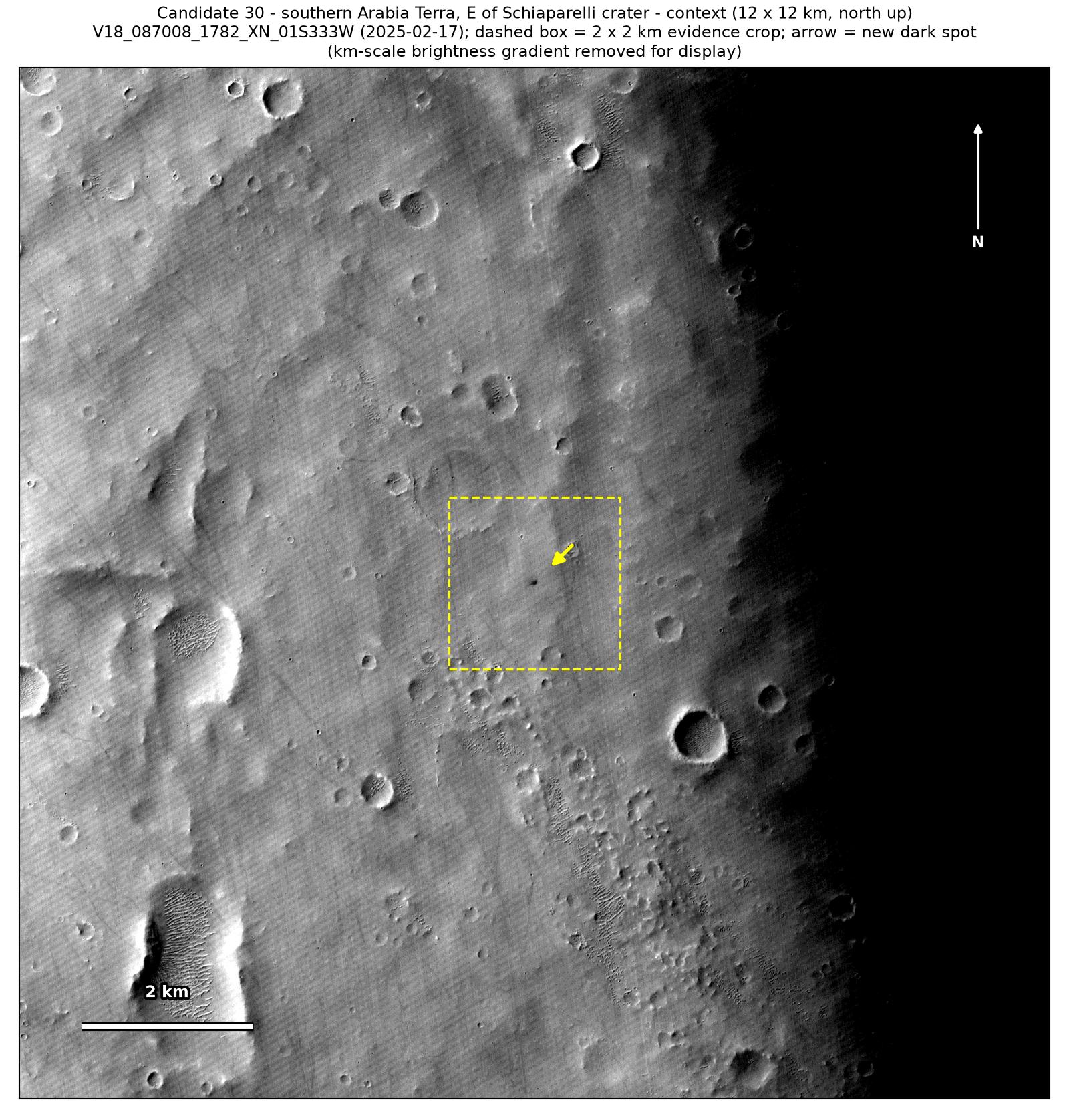 A 12 by 12 km CTX view from February 2025 of the ground east of Schiaparelli crater, with a dashed box around the 2 by 2 km patch and an arrow at the spot.