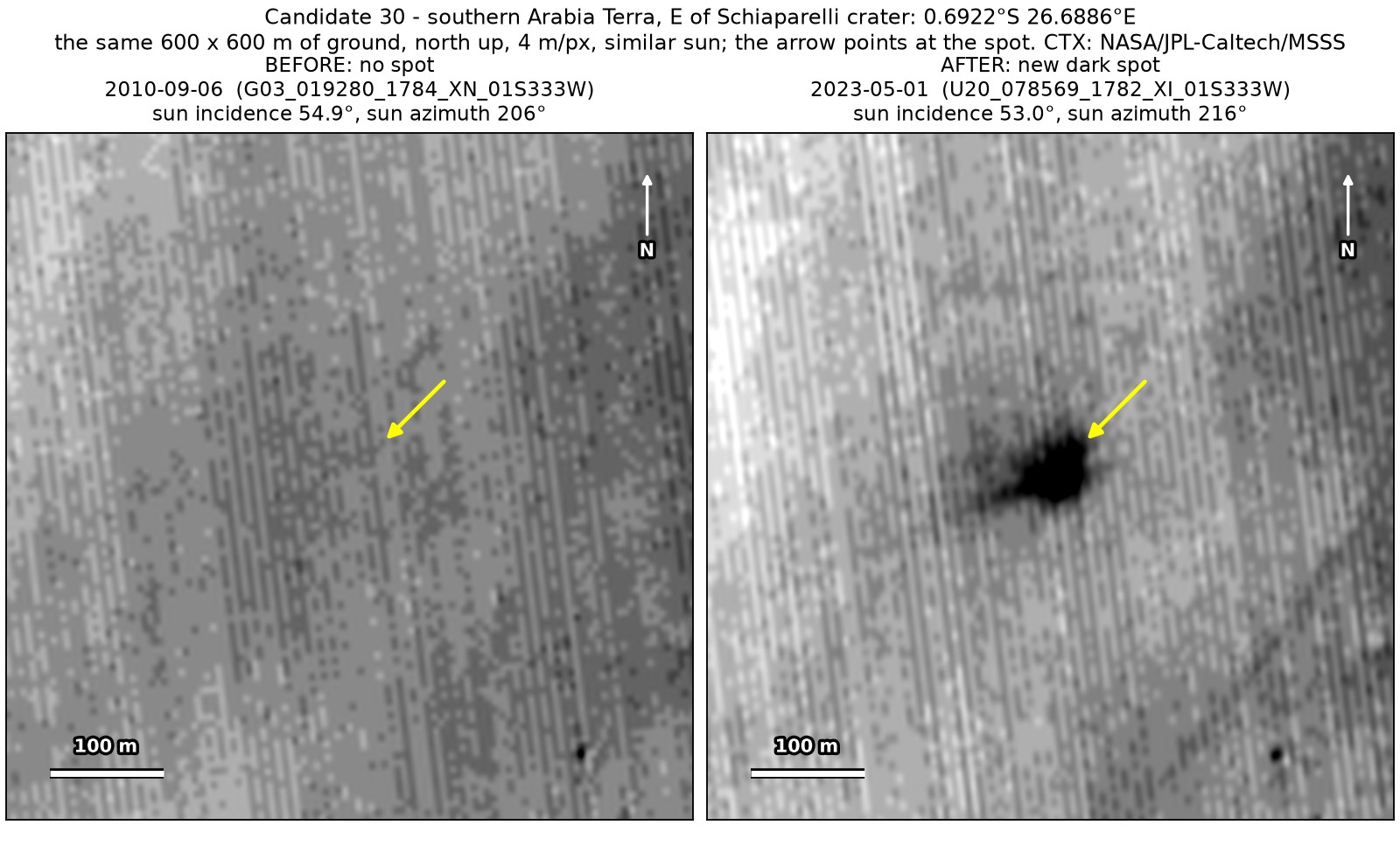 Two CTX close-ups of the same 600 by 600 m east of Schiaparelli crater, from September 2010 and May 2023, under the same sun. A very dark spot at the arrow is present only in the 2023 image.