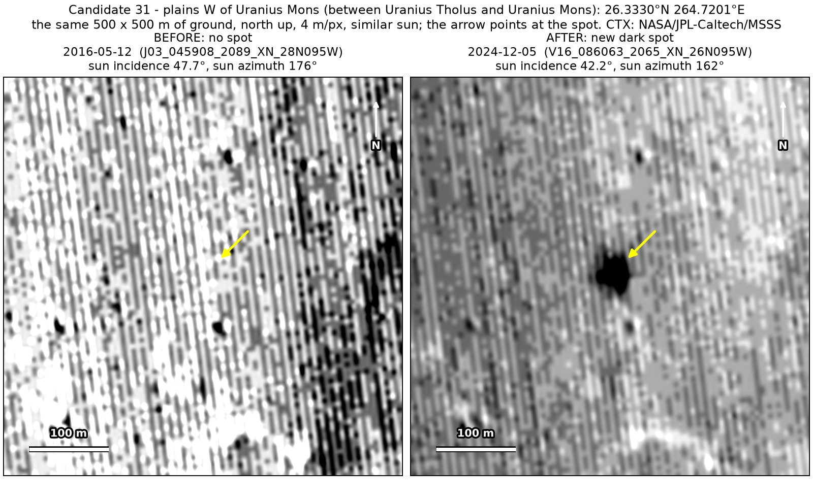 Two CTX close-ups of the same 500 by 500 m of plains west of Uranius Mons, from May 2016 and December 2024, under a similar sun. A small, very dark spot at the arrow is present only in the 2024 image.