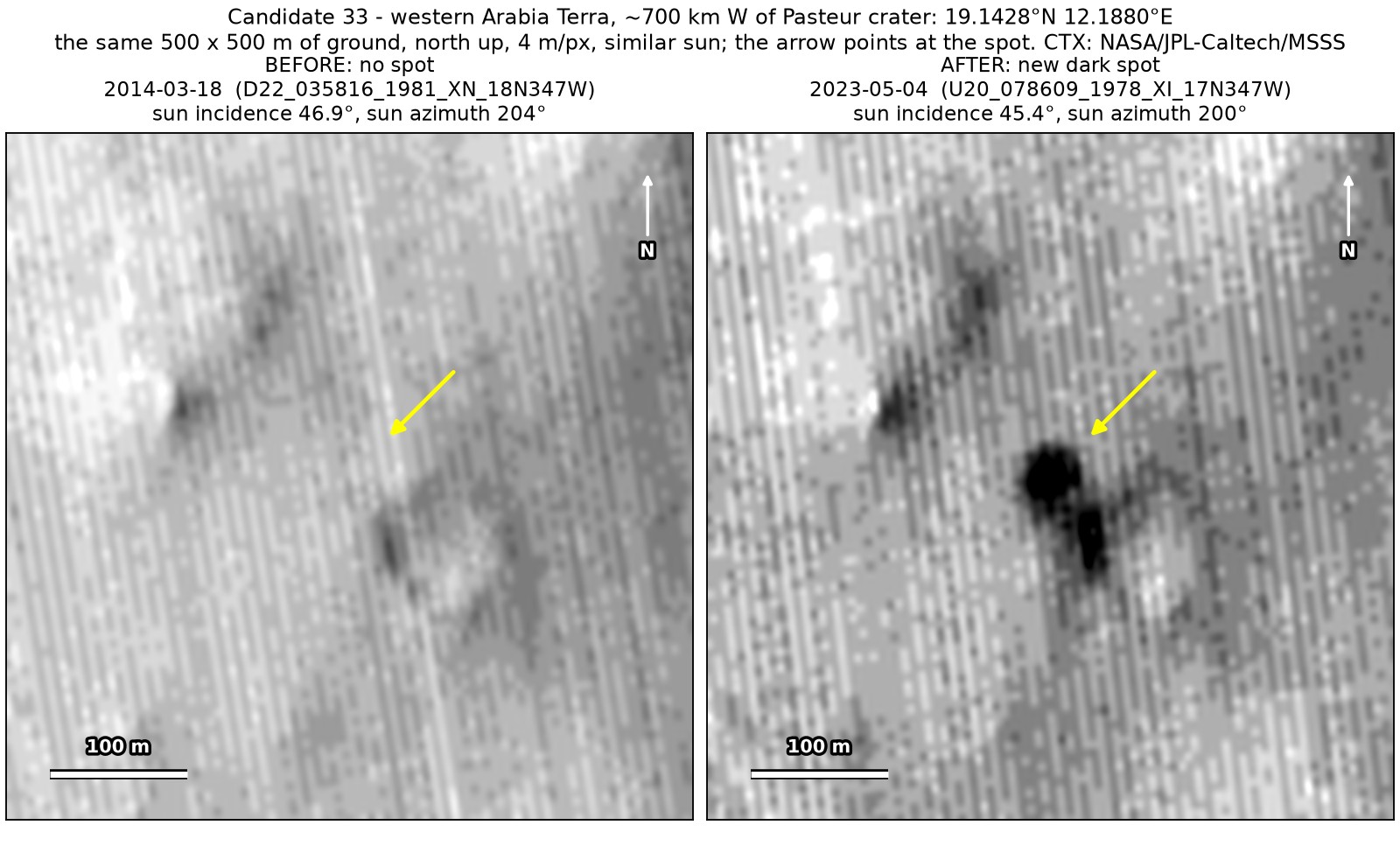 Two CTX close-ups of the same 500 by 500 m in western Arabia Terra, from March 2014 and May 2023, under nearly the same sun. An older small crater is in both; a dark patch on its rim, at the arrow, is present only in the 2023 image.