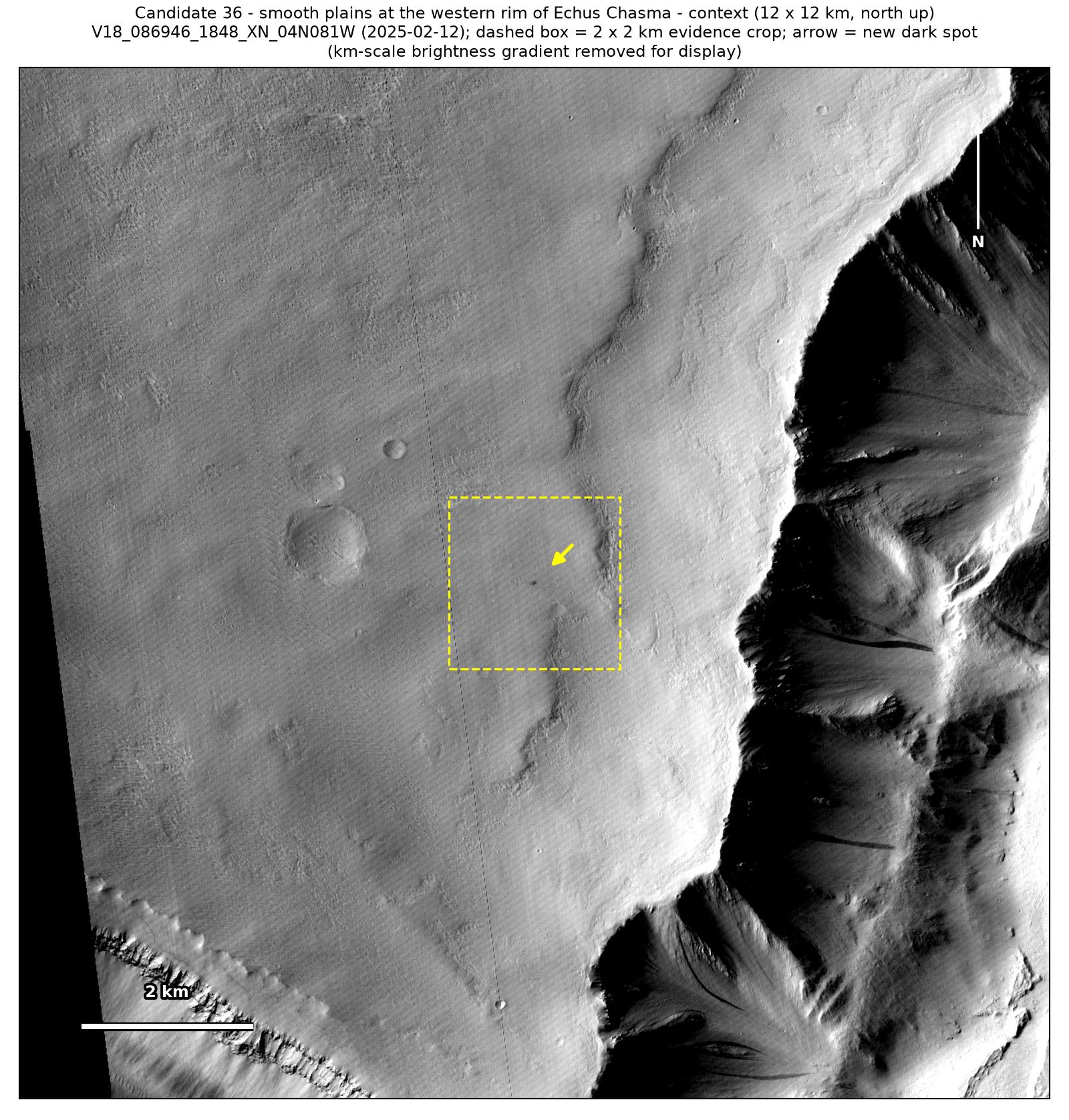 A 12 by 12 km CTX view from February 2025 of the plains beside Echus Chasma, with a dashed box around the 2 by 2 km patch and an arrow at the spot.