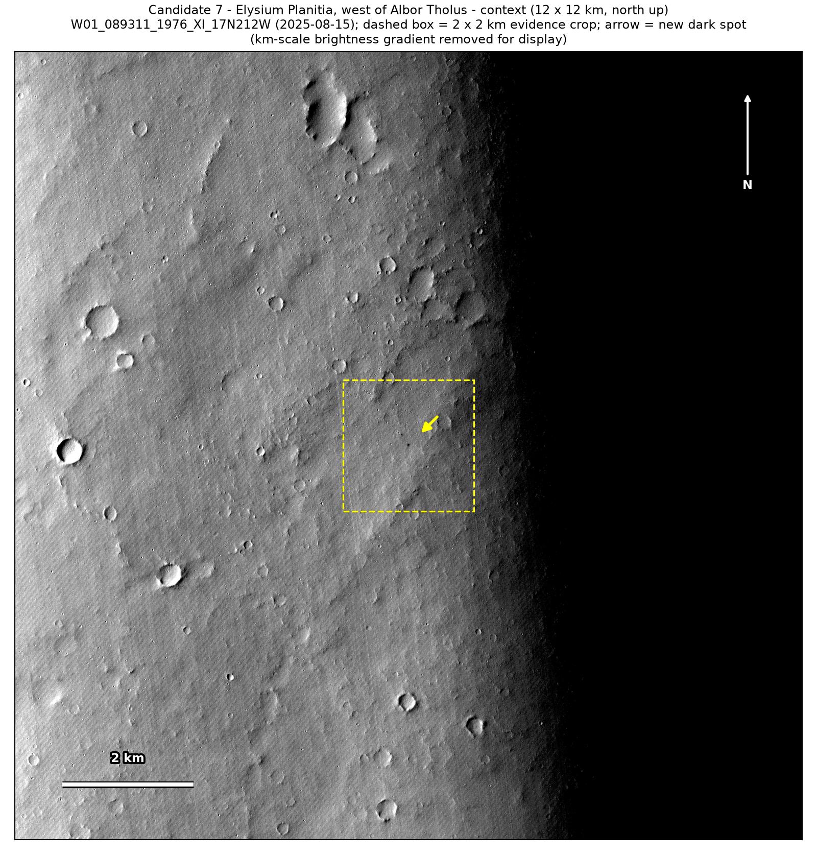 A 12 by 12 km CTX view from August 2025 of the lava plains west of Albor Tholus, with a dashed box around the 2 by 2 km patch and an arrow at the spot.