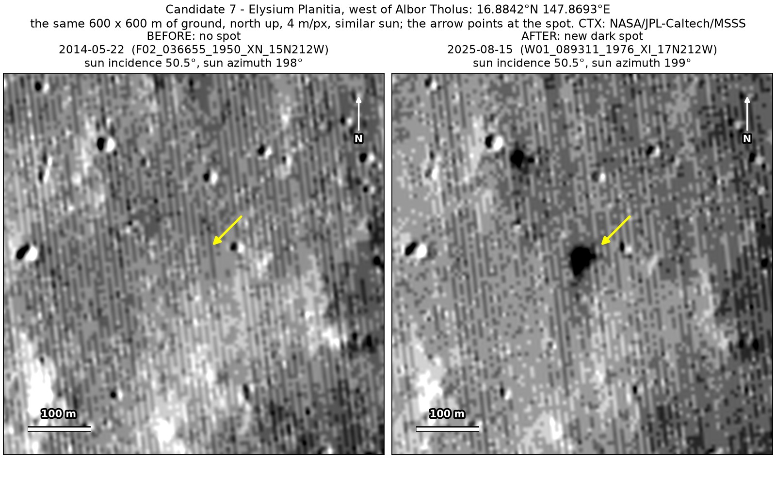 Two CTX close-ups of the same 600 by 600 m of lava plains west of Albor Tholus, from May 2014 and August 2025. A very dark compact spot near the arrow, and a fainter one up and to the left, are present only in 2025.