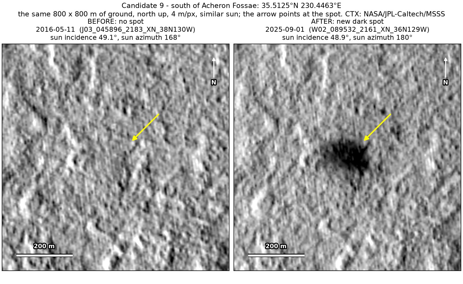 Two CTX close-ups of the same 800 by 800 m of plains south of Acheron Fossae, from May 2016 and September 2025. A dark patch with a darker centre near the arrow is present only in 2025.