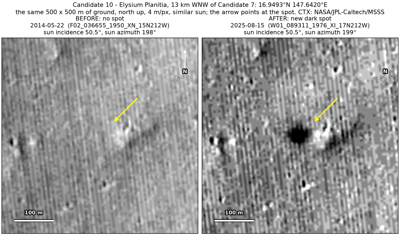 Two CTX close-ups of the same 500 by 500 m of lava plains west of Albor Tholus, from May 2014 and August 2025. A round dark spot near the arrow is present only in 2025.