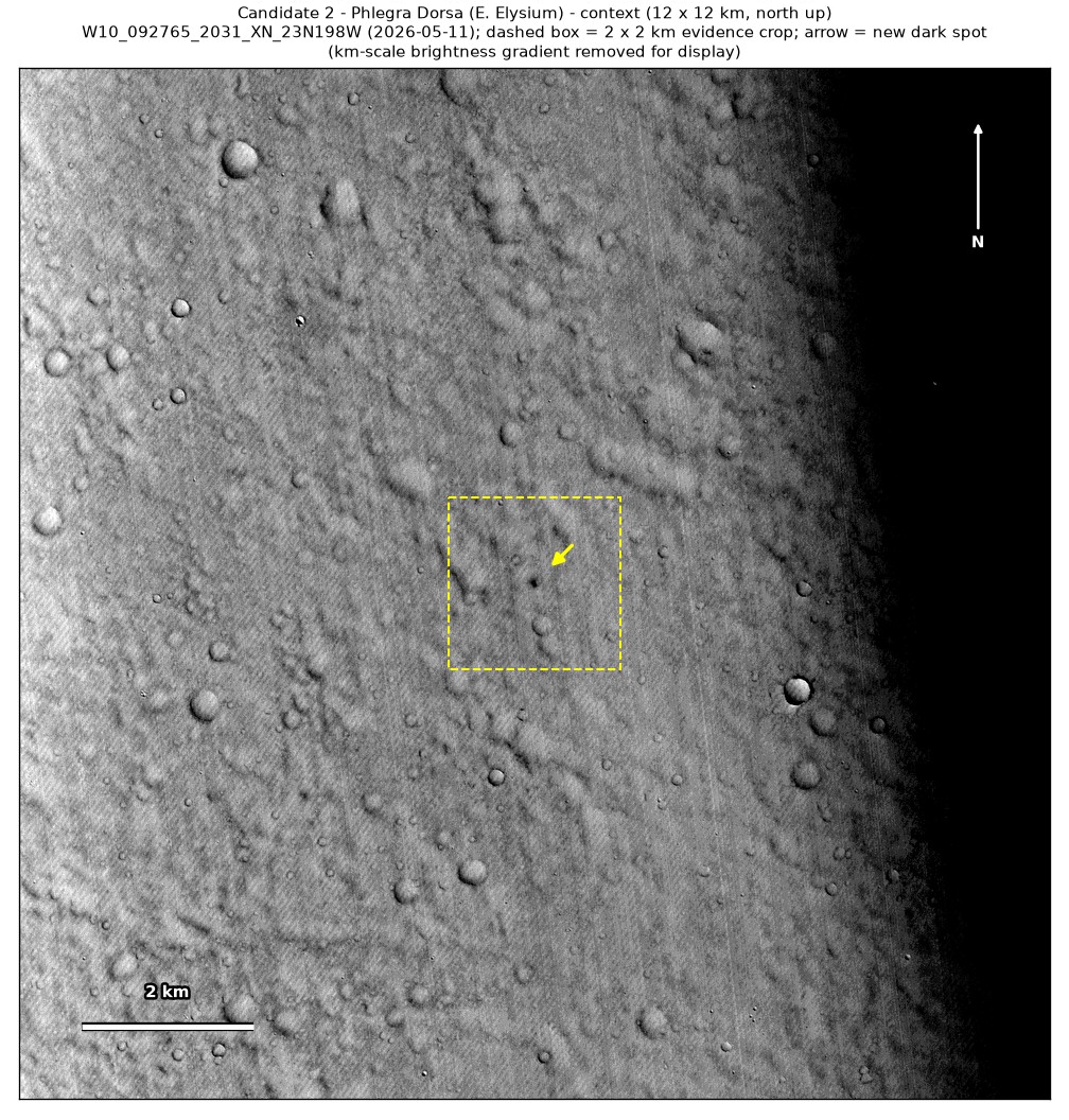 A 12 by 12 km CTX view from May 2026 around the Phlegra Dorsa spot, with a dashed box around the 2 by 2 km patch.