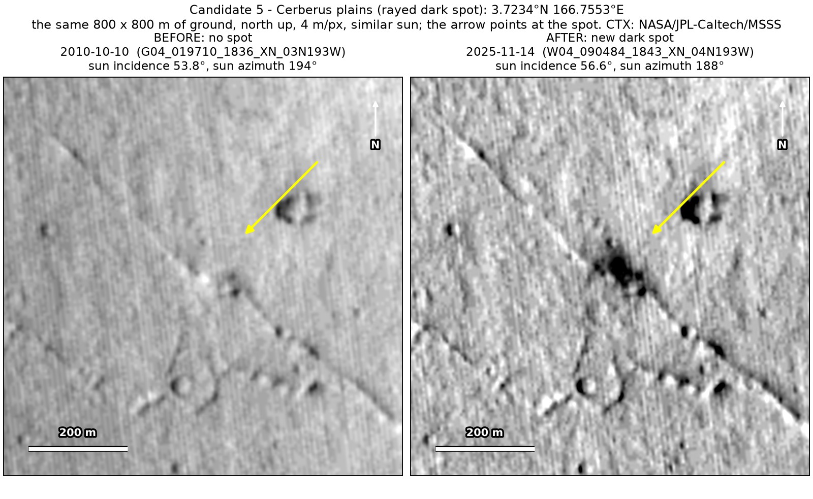 Two CTX close-ups of the same 800 by 800 m of the Cerberus plains, from October 2010 and November 2025. A cluster of dark blobs with dark rays, beside a narrow fracture, is present only in the 2025 image.